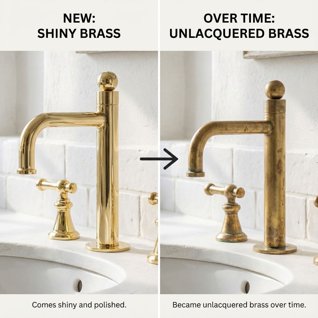 Hand-finished unlacquered brass widespread bathroom faucet detail