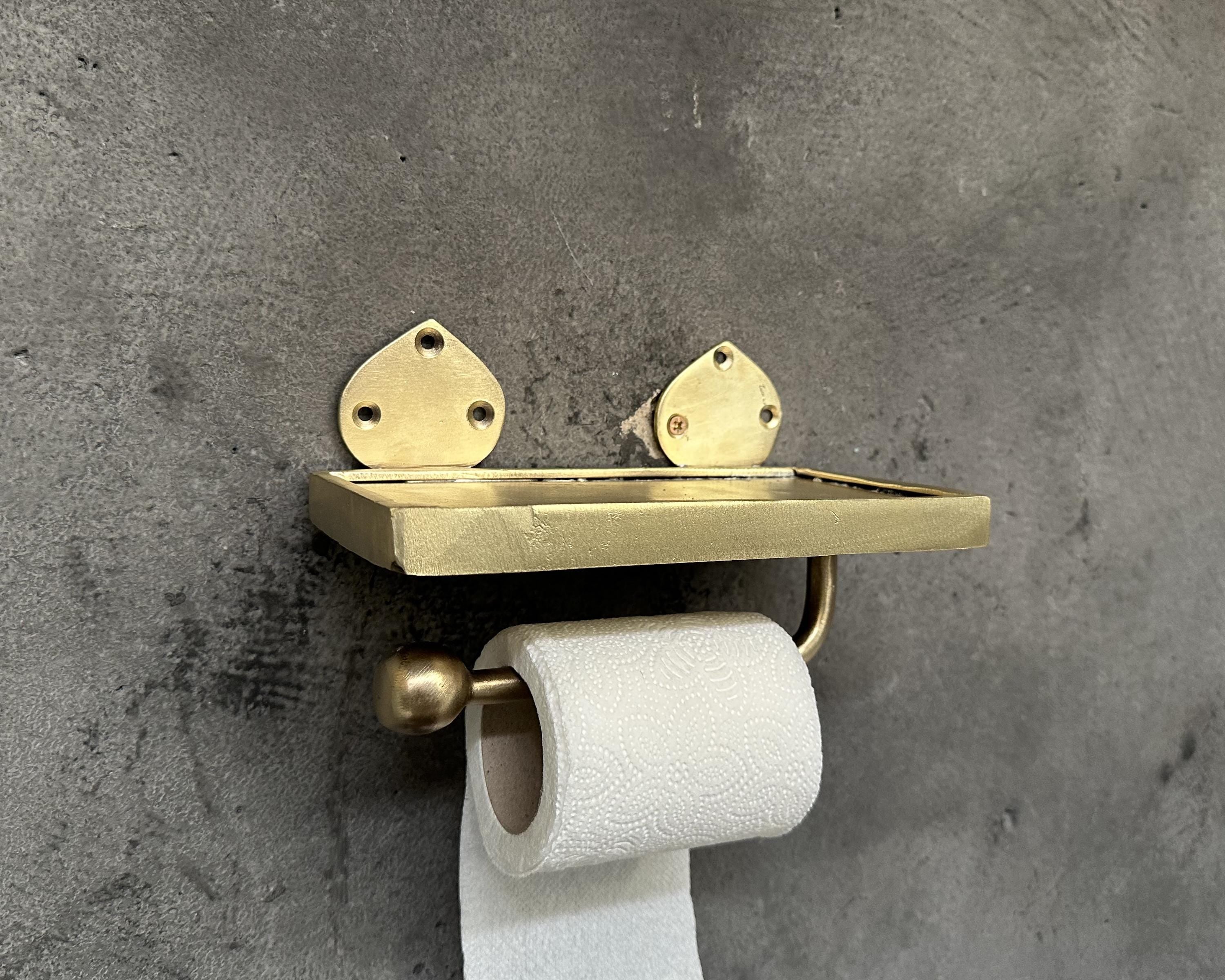 Handcrafted Unlacquered Brass Wall-Mounted Toilet Roll Holder, - Zayian