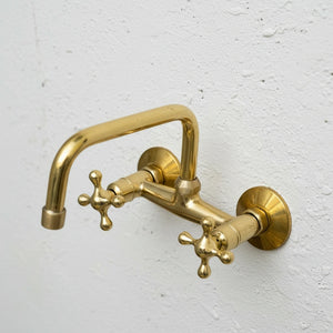 Unlacquered Brass Wall Mount Kitchen Faucet – Vintage Farmhouse Sink Tap with Cross Handles - Zayian