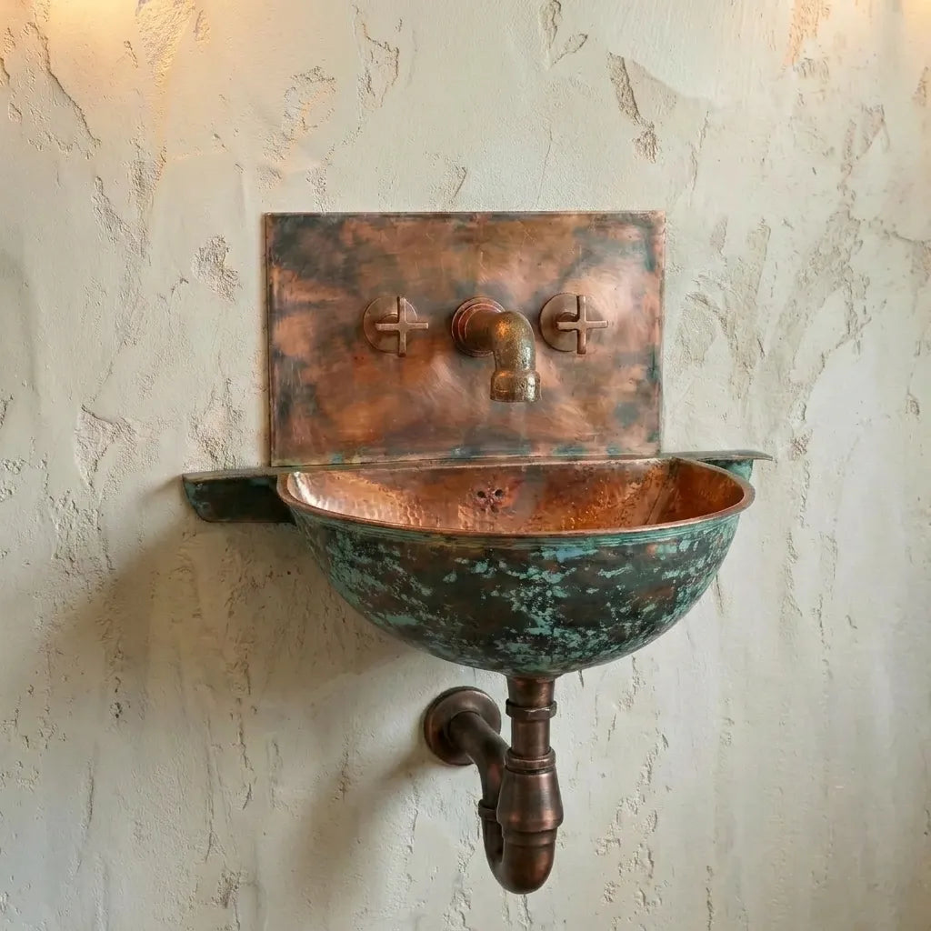 Oxidized copper wall-mounted sink with mixer faucet
