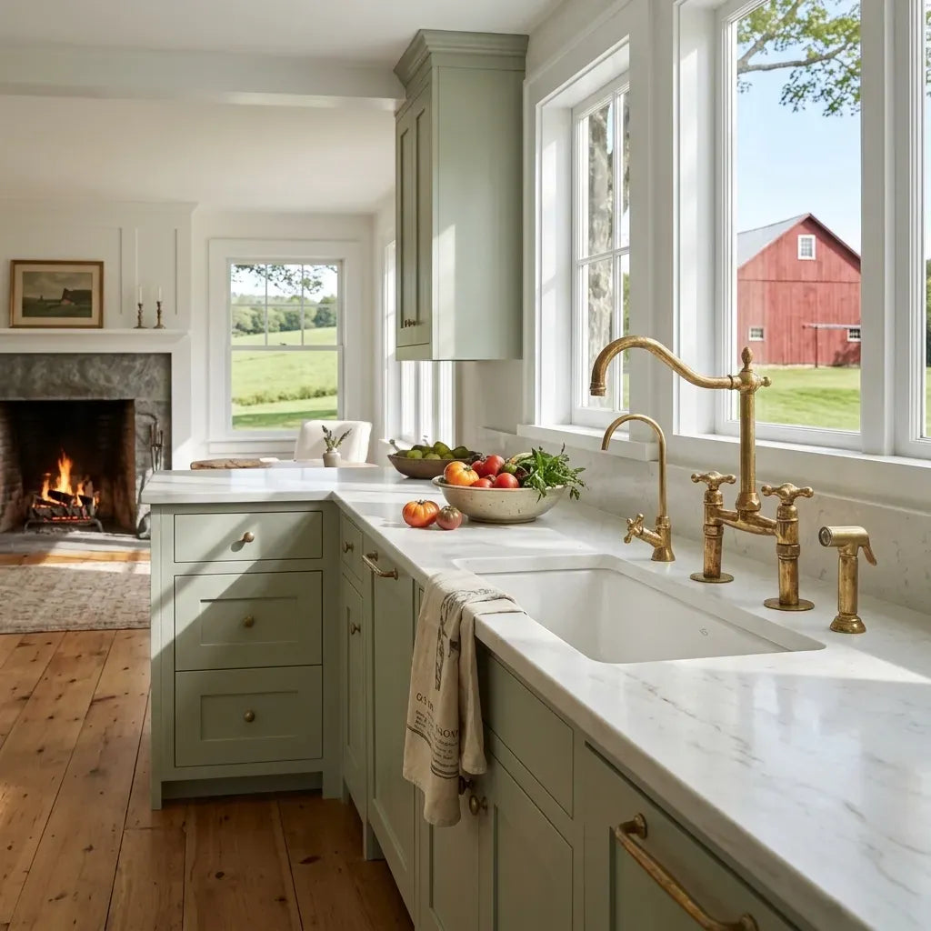 Historic Farmhouse Kitchen Renovation with an Unlacquered Brass Bridge Faucet