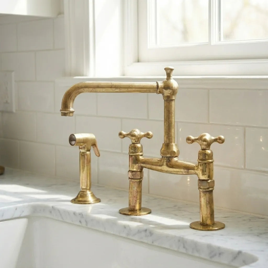 Antique Brass Bridge Kitchen Faucet: Reach, Spread and Sink Pairing