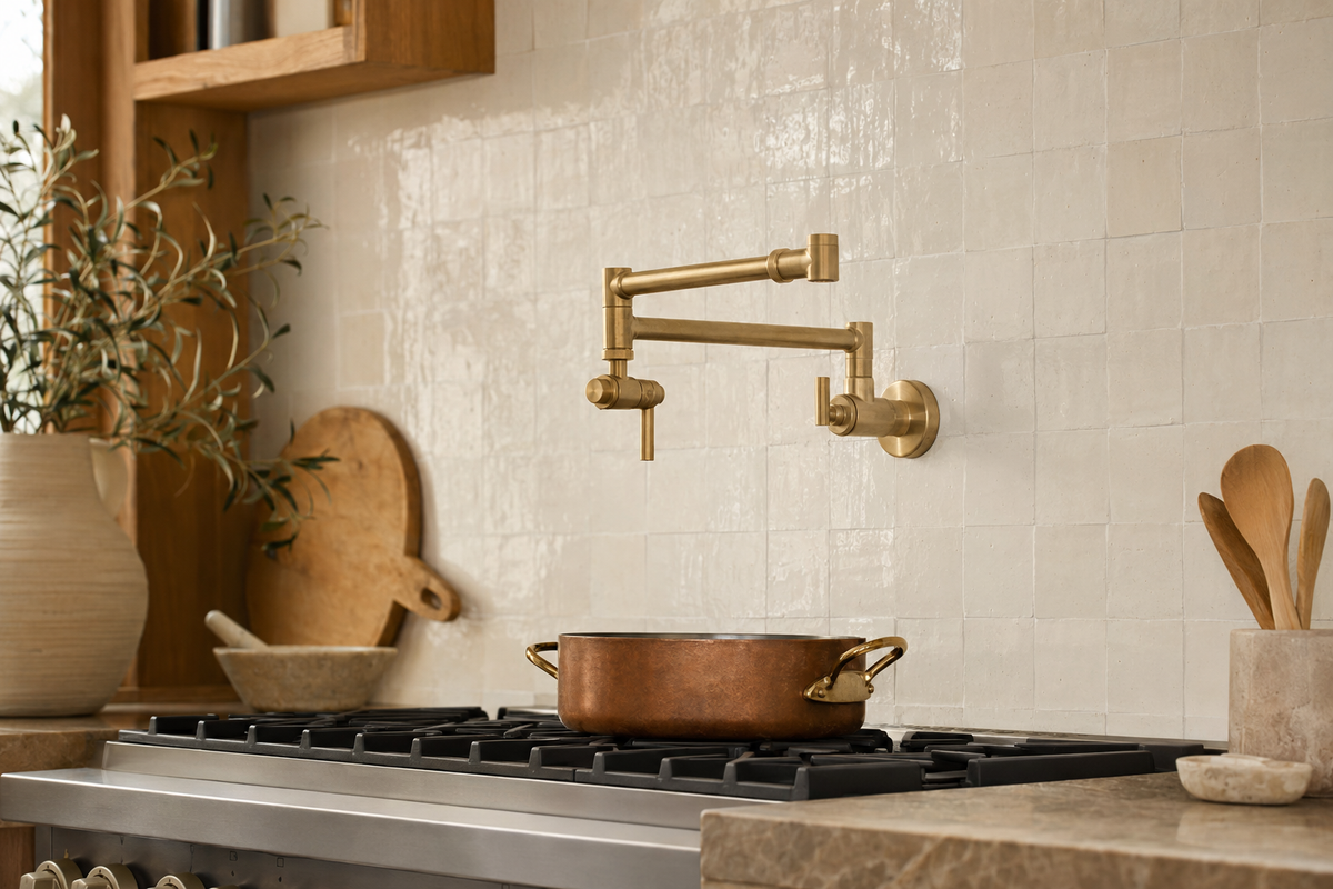 Unlacquered Brass Pot Filler: Height, Rough-In and Range Placement