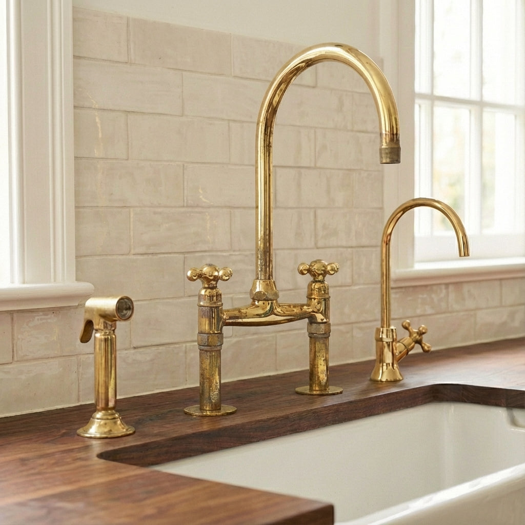 Unlacquered brass bridge kitchen faucet with cross handles and side sprayer, vintage farmhouse sink hardware
