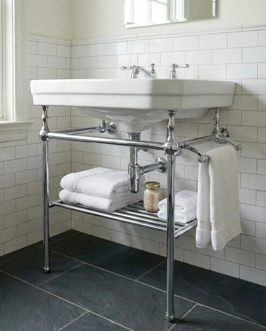 Chrome Console Vanity Legs with Shelf & Towel Rail | Vintage Bathroom Stand