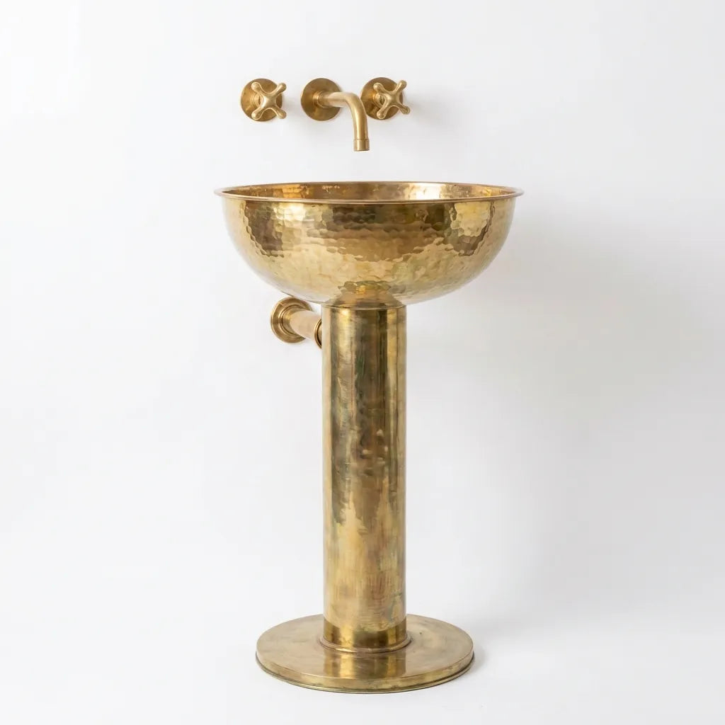 Handmade Hammered Unlacquered Brass Pedestal Sink | Vintage Wall-Mounted Bathroom Basin