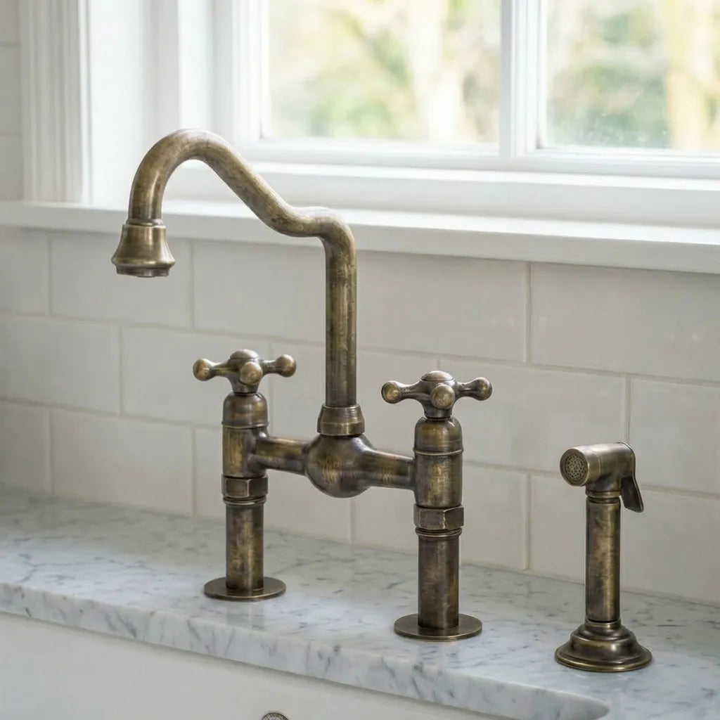 Antique Brass Bridge Kitchen Faucets