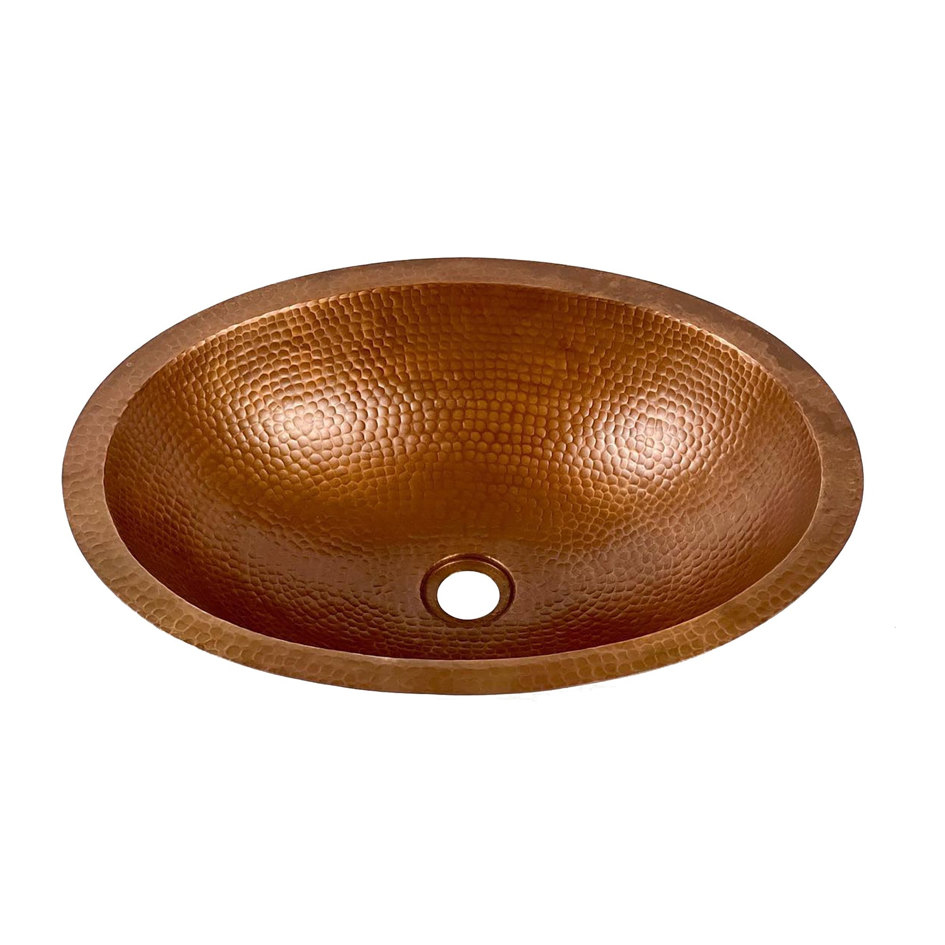 Hand-hammered drop-in copper bathroom sink with rustic finish.