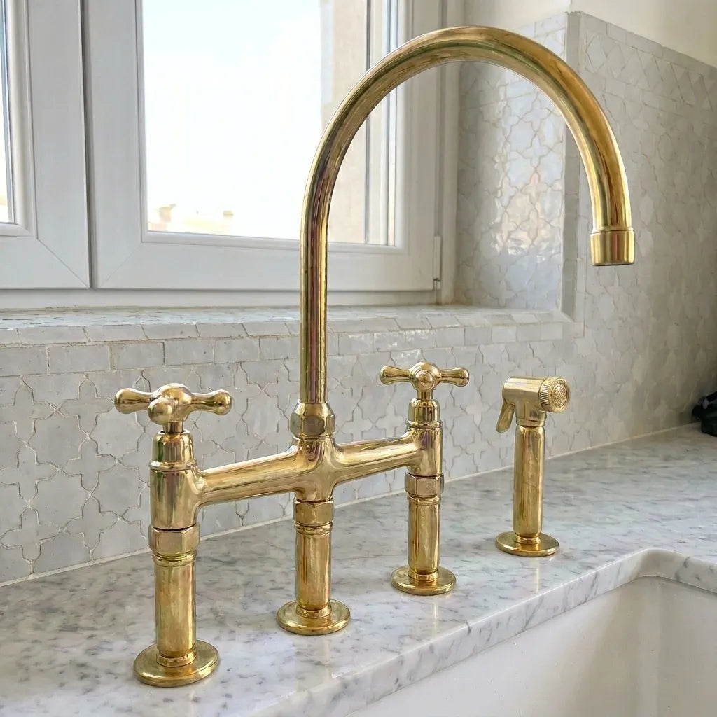 Unlacquered Brass Three-Hole Bridge Kitchen Faucet with Side SprayerUnlacquered Brass Three-Hole Bridge Kitchen Faucet with Side Sprayer