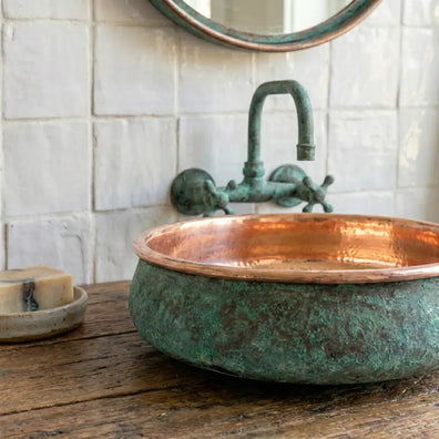 Hammered Copper Vessel Sink - Oxidized Verdigris Bathroom BasinHandmade Copper Clawfoot Bathtub - Verdigris Freestanding Luxury Tub
