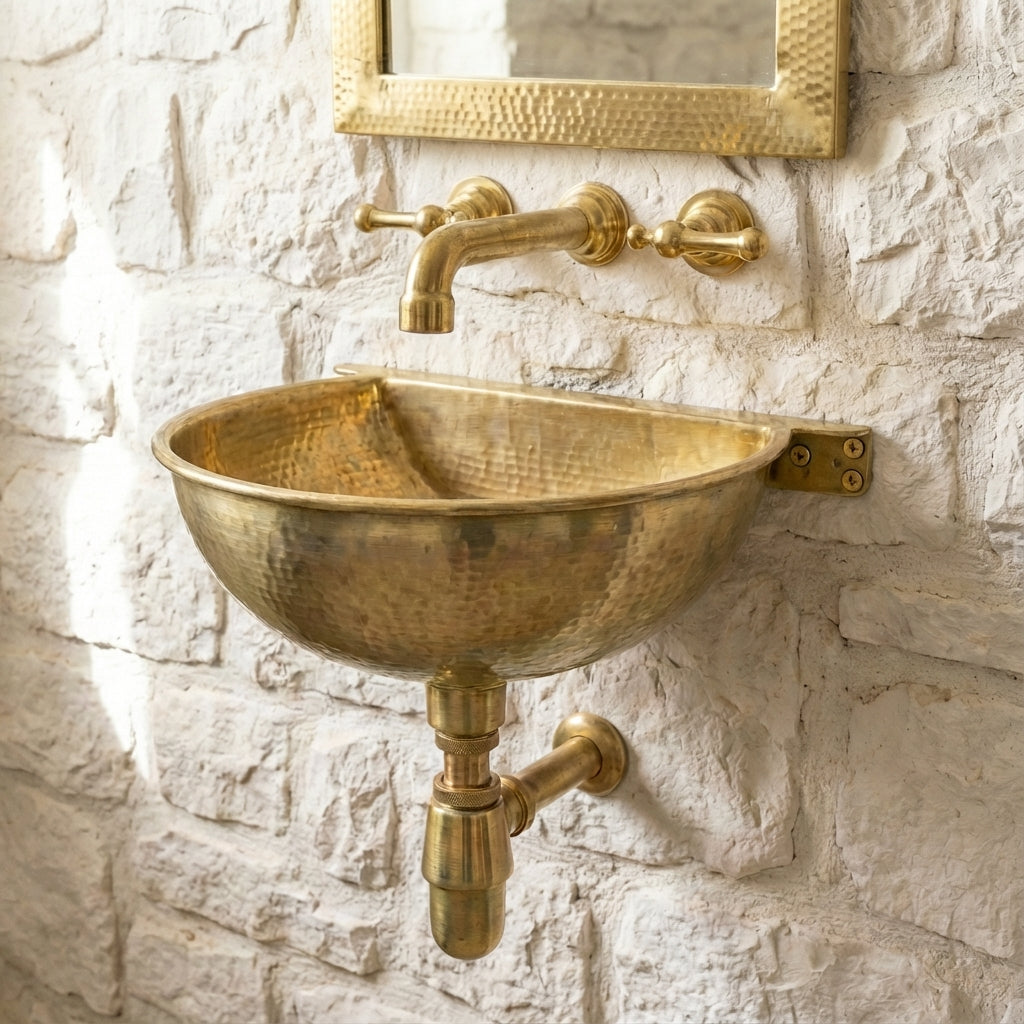 Unlacquered Brass Wall Mounted Sink – Handmade Hammered Brass Basin