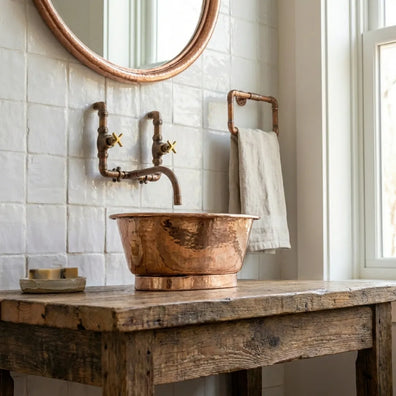 Hammered Copper Oval Vessel Sink - Rustic Tub Style Bathroom Wash BasinHammered Copper Oval Vessel Sink - Rustic Tub Style Bathroom Basin