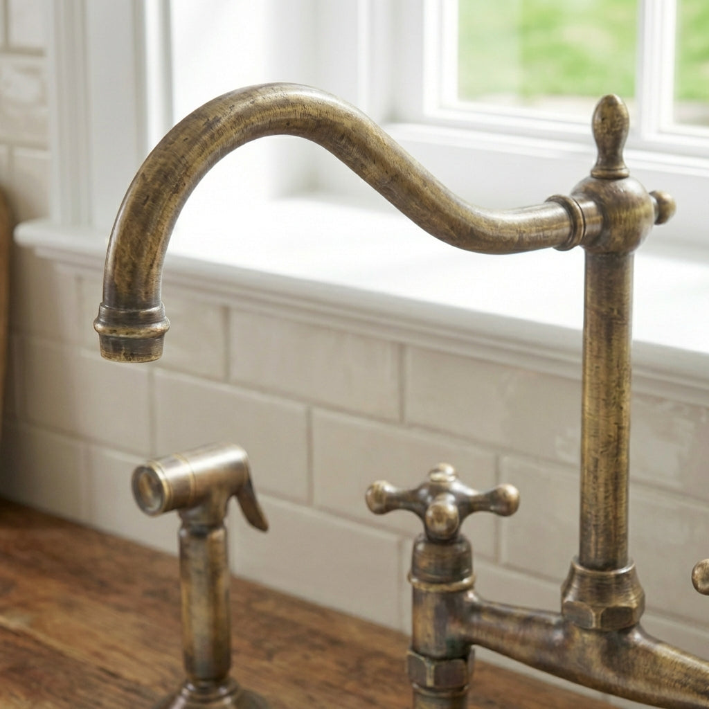 Handmade Victorian Vintage Brass Bridge Kitchen Faucet - Ornate Swan-NeckVintage Brass Bridge Kitchen Faucet - Antique Brass Swan-Neck · Zayian