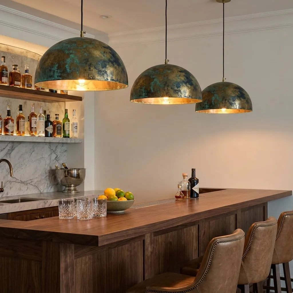 Rustic Brass Pendant Lamp with Green Verdigris Finish – Artisan Ceiling Light