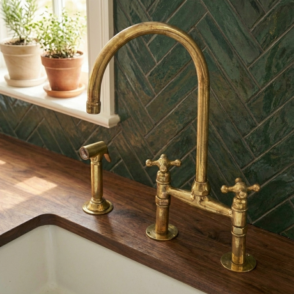 Traditional High-Arc Unlacquered Brass Bridge Kitchen Faucet - Zayian