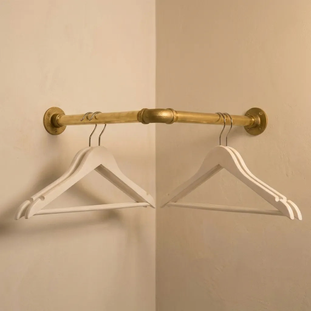 Corner L-Shaped Unlacquered Solid Brass Pipe Wall-Mounted Clothing RackCorner L-Shaped Unlacquered Solid Brass Pipe Wall-Mounted Clothing Rack