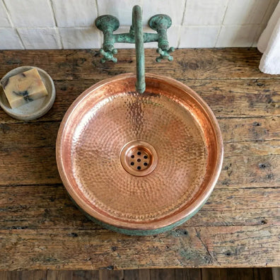 Hammered Copper Vessel Sink - Oxidized Verdigris Bathroom BasinHandmade Copper Clawfoot Bathtub - Verdigris Freestanding Luxury Tub
