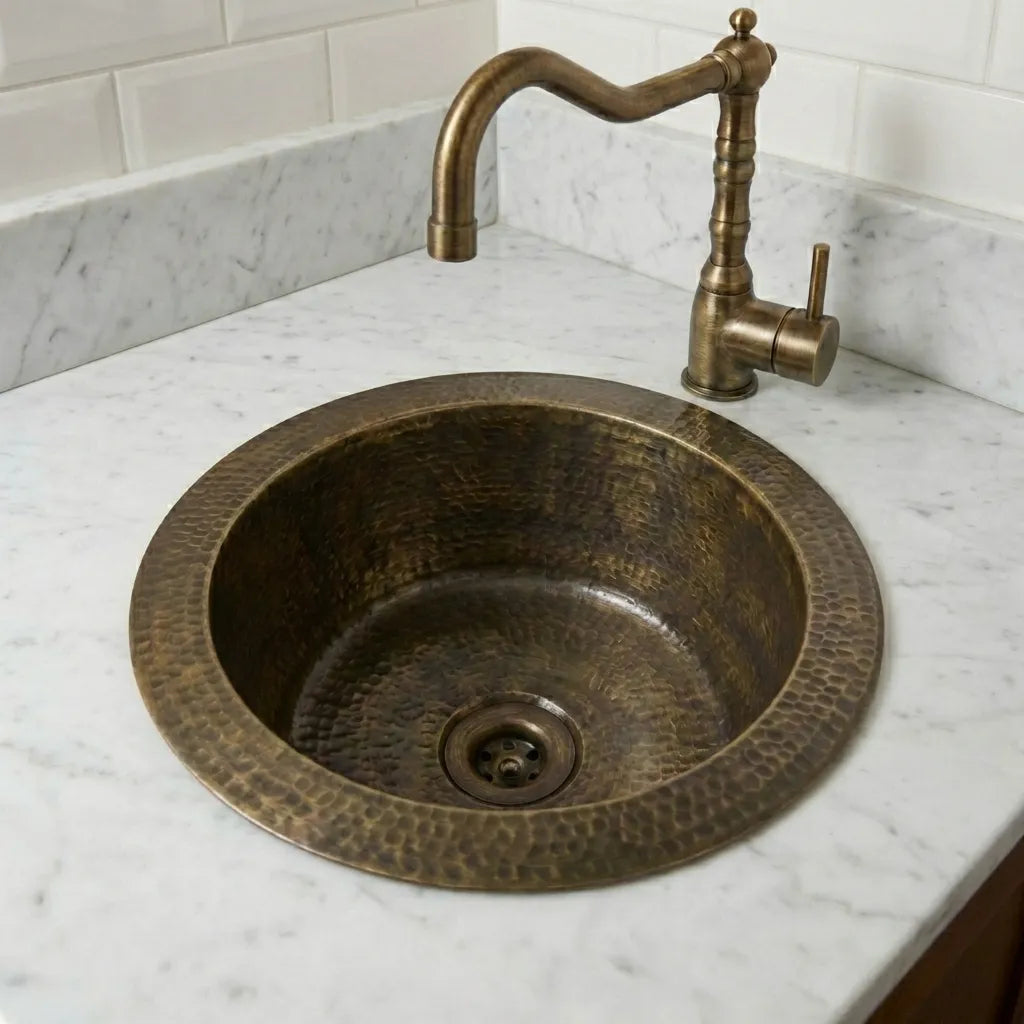 Hammered Antique Brass Bar Sink – Solid Round Drop-In Prep Sink with Aged Patina Finish