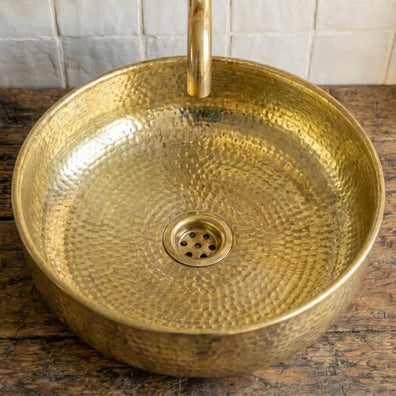 Hand-Hammered Unlacquered Brass Vessel Sink - Round Artisan Bathroom BasinHand-Hammered Unlacquered Brass Vessel Sink | Artisan Bathroom Basin