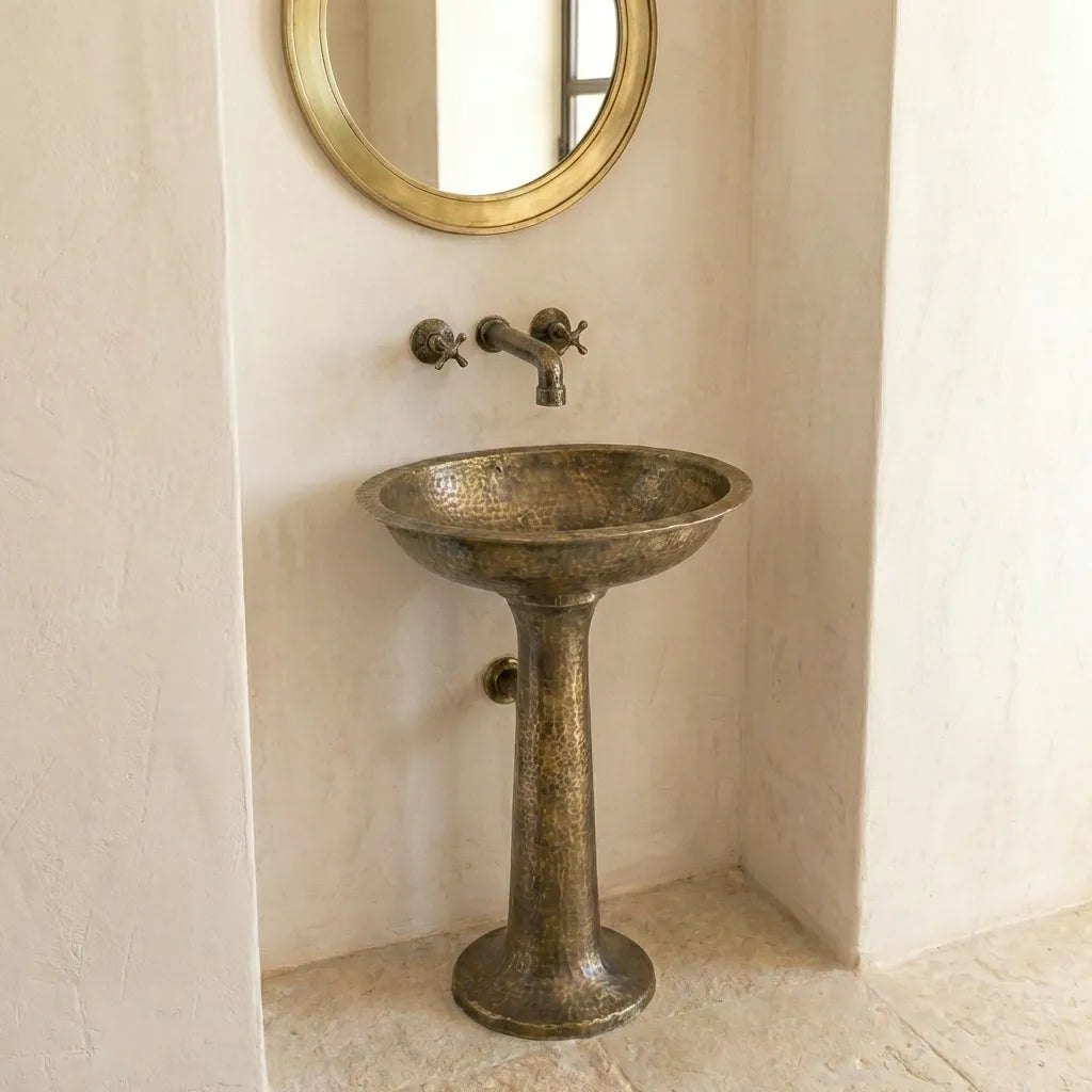 Freestanding Vintage Patina Brass Pedestal Sink – Handmade Old-World Bathroom Sink