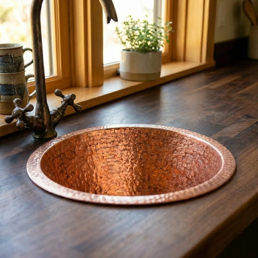 Round kitchen Sink, Hammered Copper Round Drum Bar Sink Including Drain