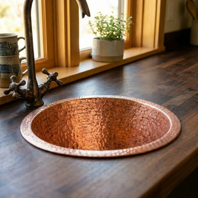 Round kitchen Sink, Hammered Copper Round Drum Bar Sink Including Drain