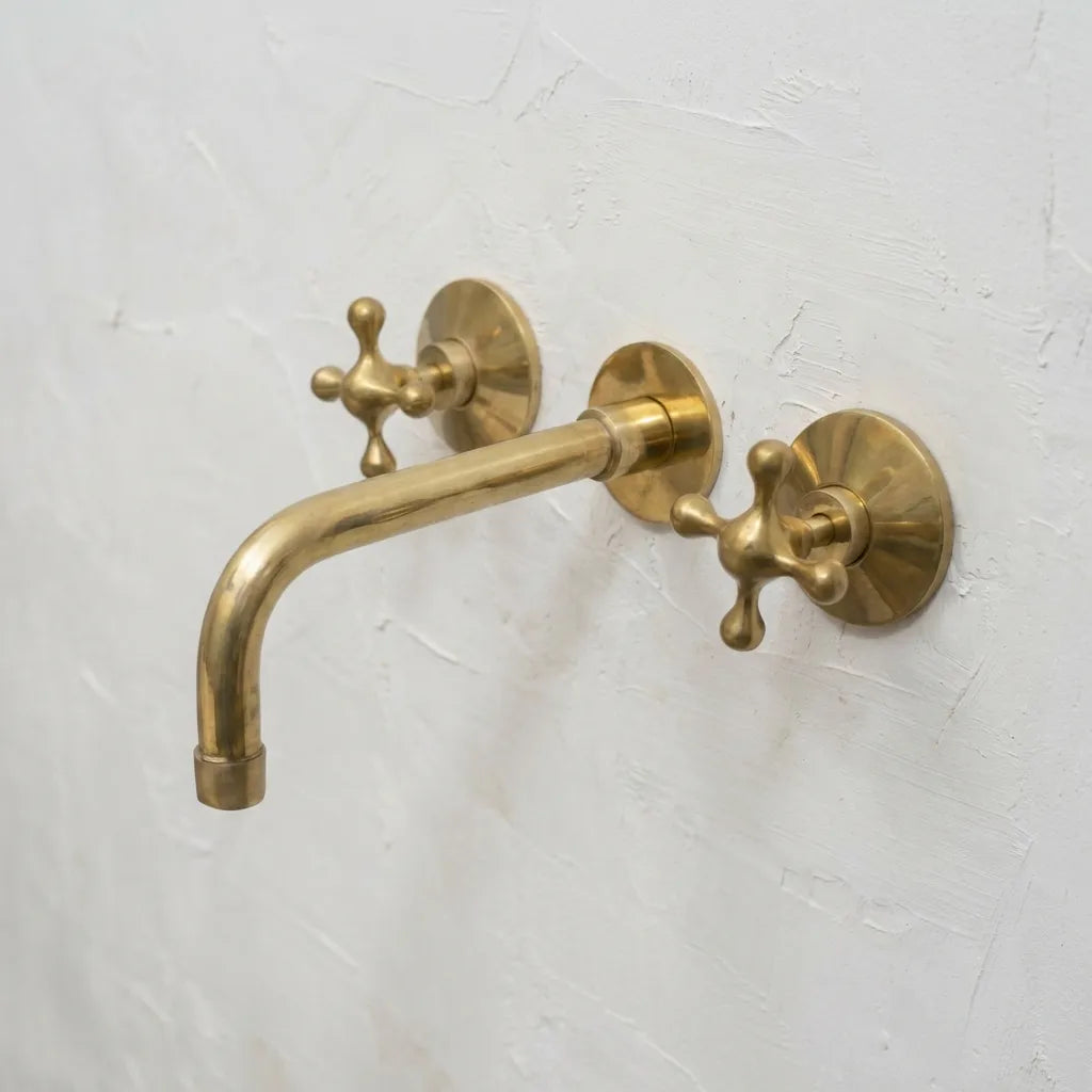 Handcrafted Three-Hole Unlacquered Brass Wall Mounted Vanity Faucet