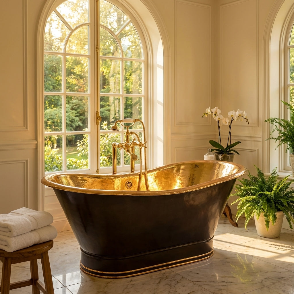 Freestanding Soaking Brass Tub, Matt Black Exterior Finish Bathtub.