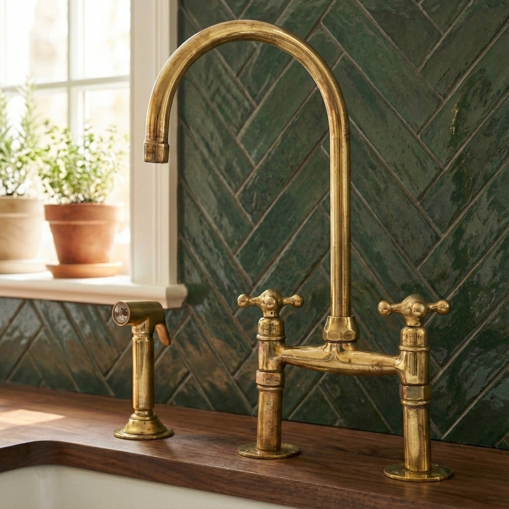 Traditional High-Arc Unlacquered Brass Bridge Kitchen Faucet - Zayian