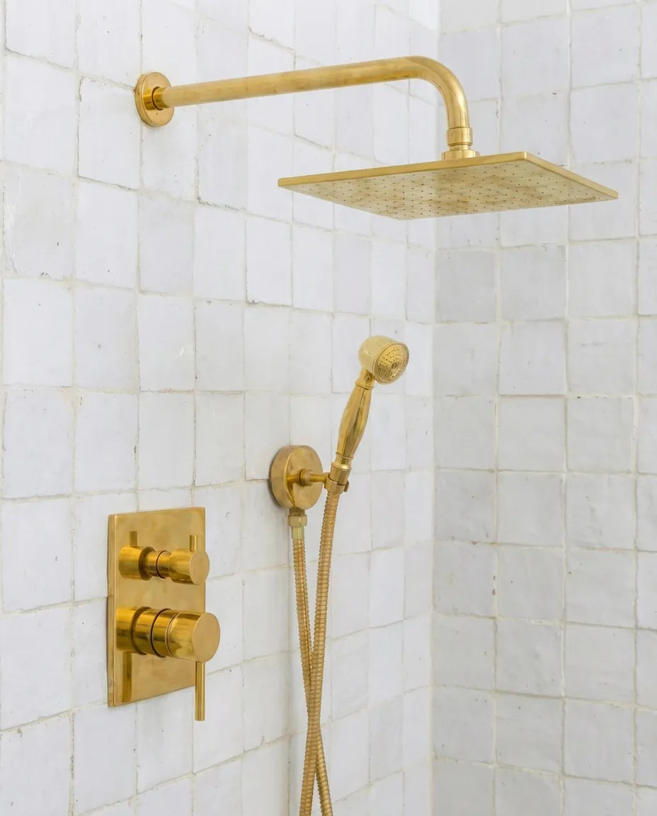 Luxury Unlacquered Brass Rain Shower System - Wall Mounted with Handheld SprayerLuxury Unlacquered Brass Rain Shower System Wall Mounted with Handheld