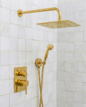 Luxury Unlacquered Brass Rain Shower System - Wall Mounted with Handheld SprayerLuxury Unlacquered Brass Rain Shower System Wall Mounted with Handheld