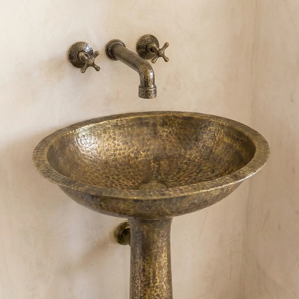Freestanding Vintage Patina Brass Pedestal Sink – Handmade Old-World Bathroom Sink