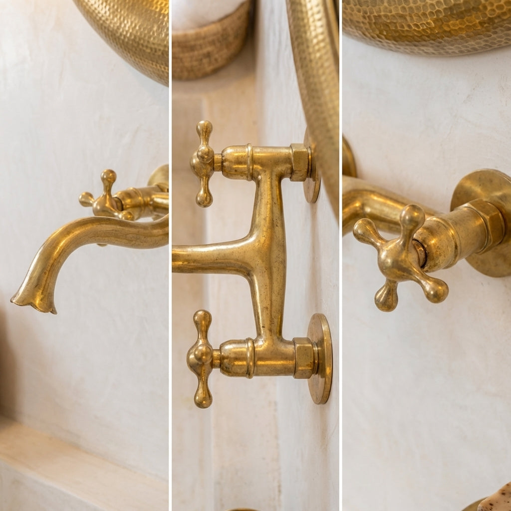 Unlacquered Brass Wall Faucet with Cross Handles - Handmade TapUnlacquered Brass Wall Faucet with Cross Handles | Zayian
