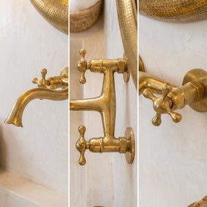 Unlacquered Brass Wall Faucet with Cross Handles - Handmade TapUnlacquered Brass Wall Faucet with Cross Handles | Zayian