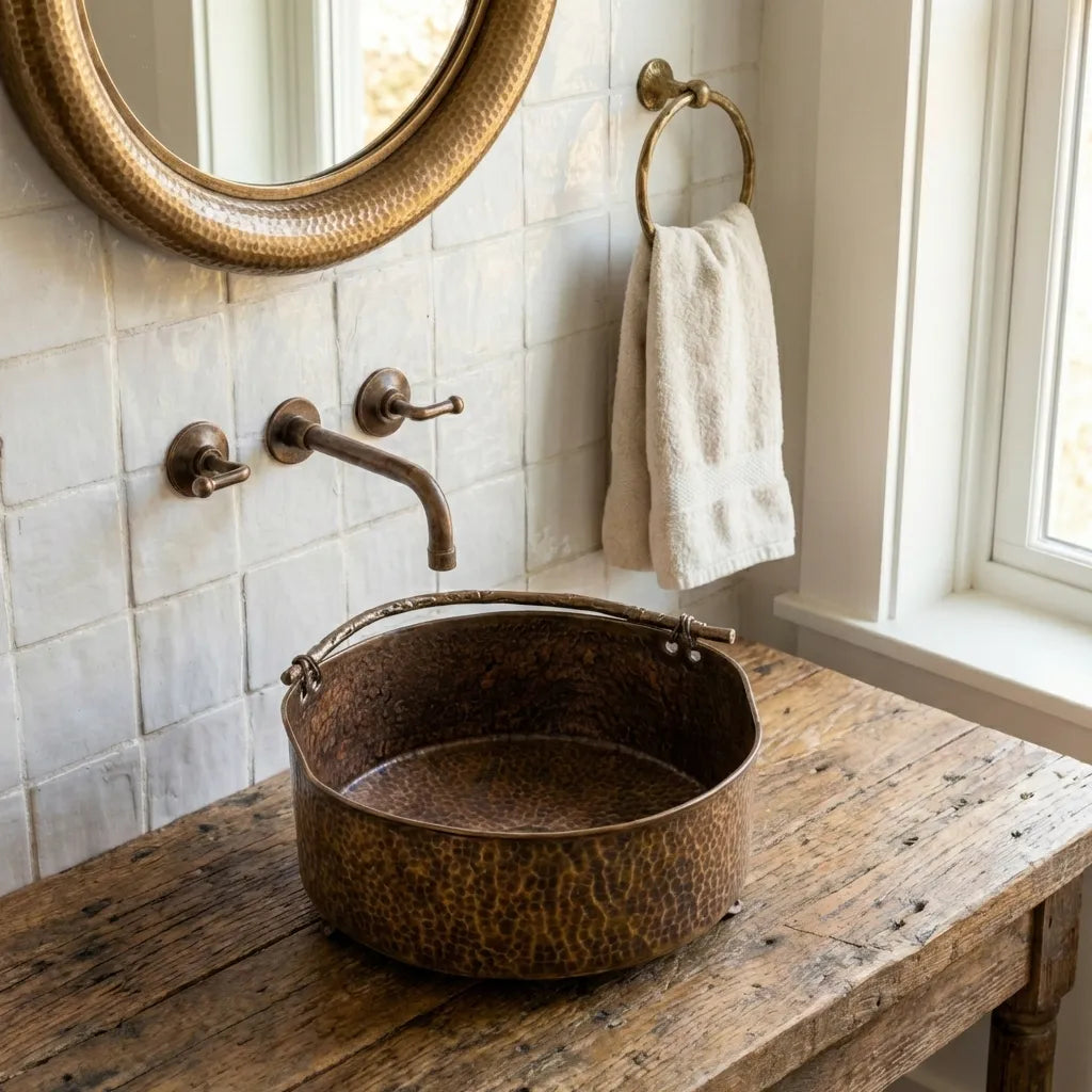 Rustic Brass Vessel Sink – Hand Hammered Round Aged Bathroom Basin
