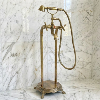 Vintage Antique Brass Freestanding Tub Filler with Handheld Shower - Solid Brass Floor Mount Bathtub FaucetVintage Antique Brass Freestanding Tub Filler with Handheld Shower