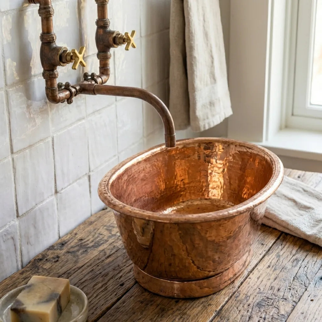 Hammered Copper Oval Vessel Sink – Rustic Tub Style Bathroom Wash Basin