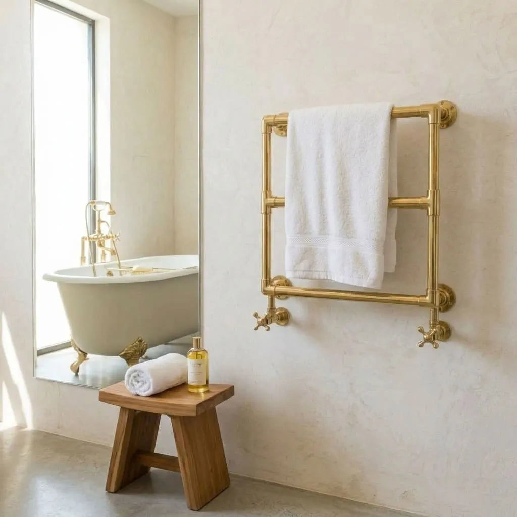 Luxury unlacquered brass heated towel warmer installed beside a freestanding bathtub