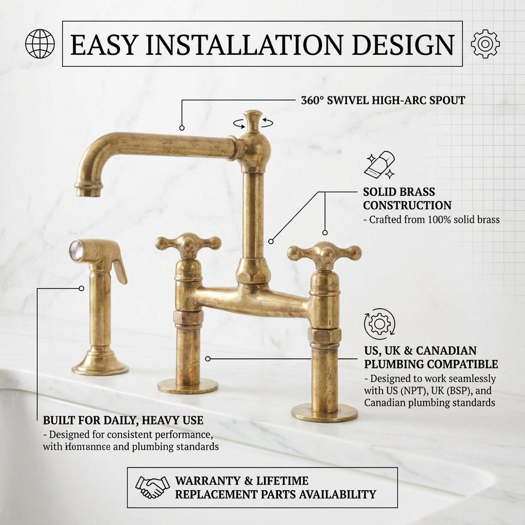 Old-World Unlacquered Brass Bridge Faucet With Traditional Design - Zayian