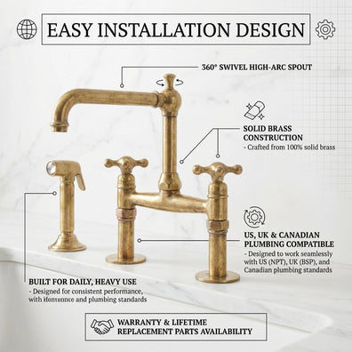Old-World Unlacquered Brass Bridge Faucet With Traditional DesignOld-World Unlacquered Brass Bridge Kitchen Faucet | Traditional Tap