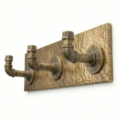 Antique Brass Pipe Coat & Towel Hooks on Hammered BackplateAntique Brass Pipe Coat & Towel Hooks on Hammered Backplate