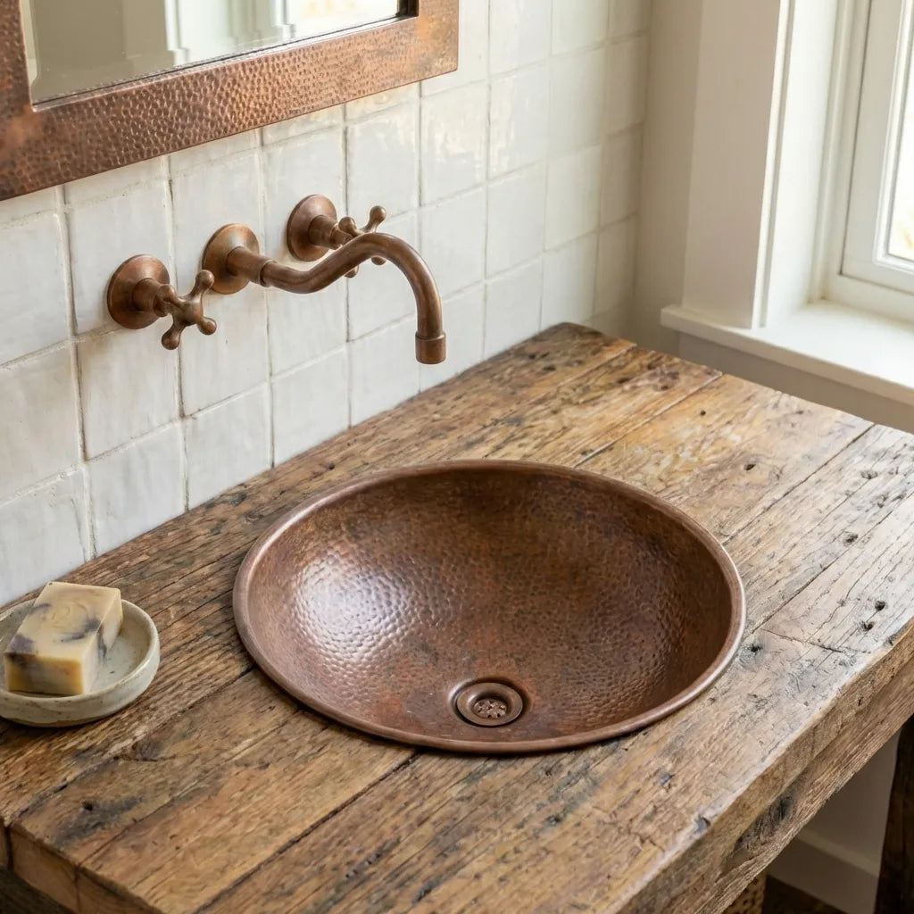 Aged Copper Vessel Sink – Hand Hammered Round Bathroom Vanity Basin