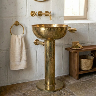 Handmade Hammered Unlacquered Brass Round Pedestal SinkUnlacquered Brass Round Pedestal Sink