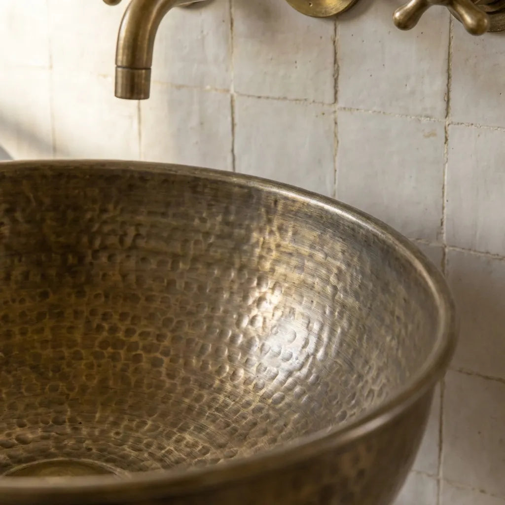 Vintage Hammered Patina Brass Pedestal Sink
