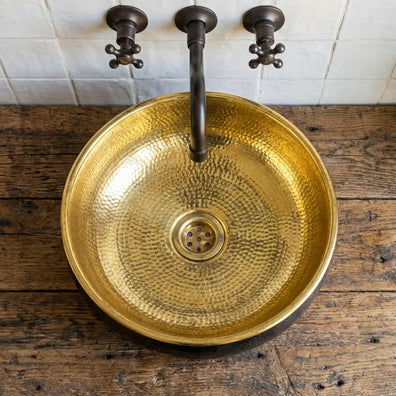 Hand-Hammered Blackened Brass Vessel Sink - Gold Interior Artisan Bathroom BasinHand-Hammered Blackened Brass Vessel Sink with Gold Interior 