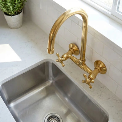 Unlacquered Brass Wall Mount Kitchen Faucet - Vintage Sink Tap with Cross HandlesUnlacquered Brass Wall Mount Kitchen Faucet - Vintage Sink Tap
