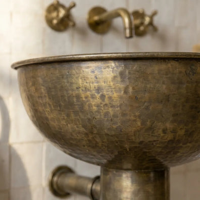 Vintage Hammered Patina Brass Pedestal SinkVintage Hammered Patina Brass Pedestal Sink