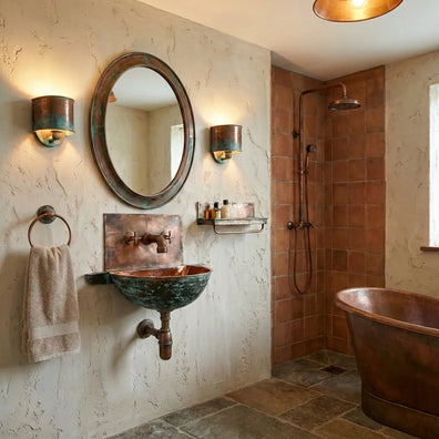 Oxidized Copper Wall Mounted Bathroom Sink With Mixer FaucetOxidized Copper Wall Mount Sink| Eco-Friendly & Long-Lasting
