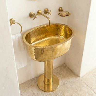 Handmade Hammered Unlacquered Brass Pedestal Sink - Wall-Mounted Vintage Bathroom BasinHammered Unlacquered Brass Pedestal Sink | Vintage Wall-Mount Basin