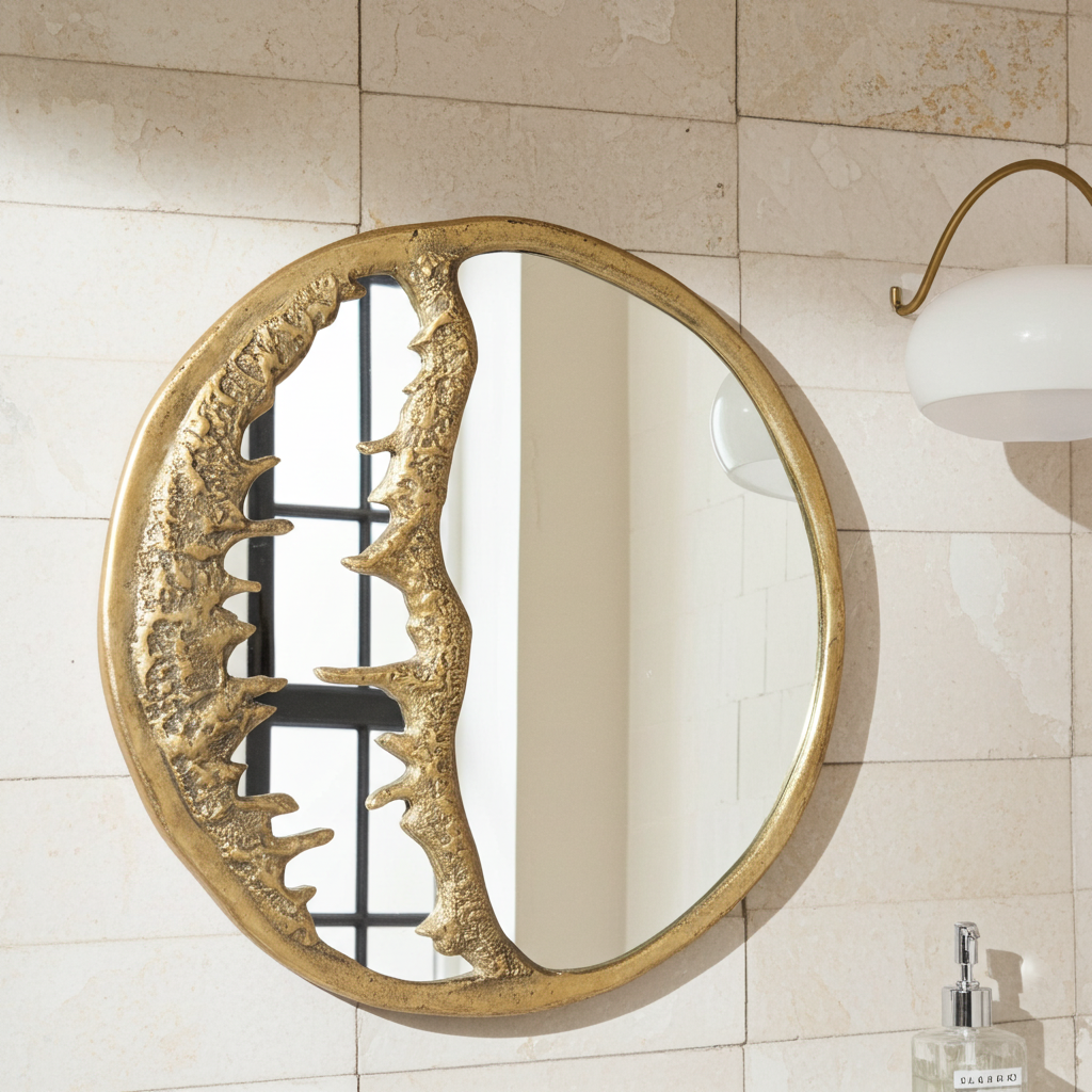 Sculptural Brass Wall Mirror – Handmade Textured Gold Round Statement Decor - Zayian